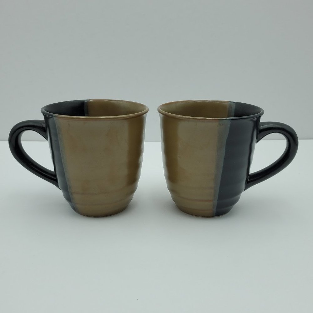 Sango Gold Dust Black Mugs Ribbed Black Tan Brown Panels Coffee Mugs